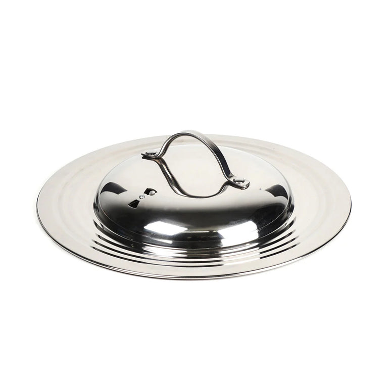 RSVP 12 in. stainless steel universal lid with steam vent and handle