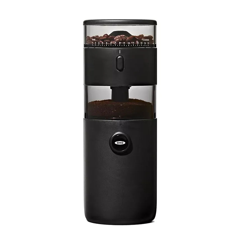 OXO Brew compact conical burr coffee grinder, black, front view