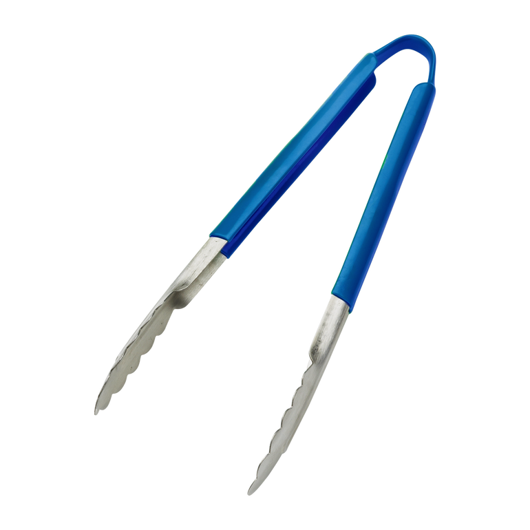 Browne Foodservice 12-inch color-coded tongs in blue