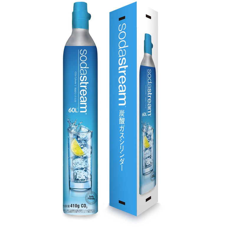 Sodastream Cylinder 60L, refillable carbon dioxide tank for soda maker machines, with metal valve and gas outlet.