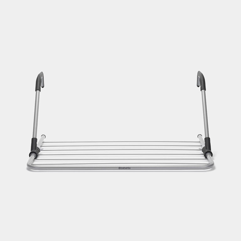 Brabantia hanging drying rack in metallic grey with its arms extended