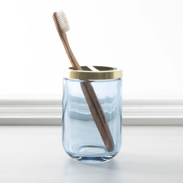 Moda at Home Jasper Glass Toothbrush Holder, Blue with Gold Accents