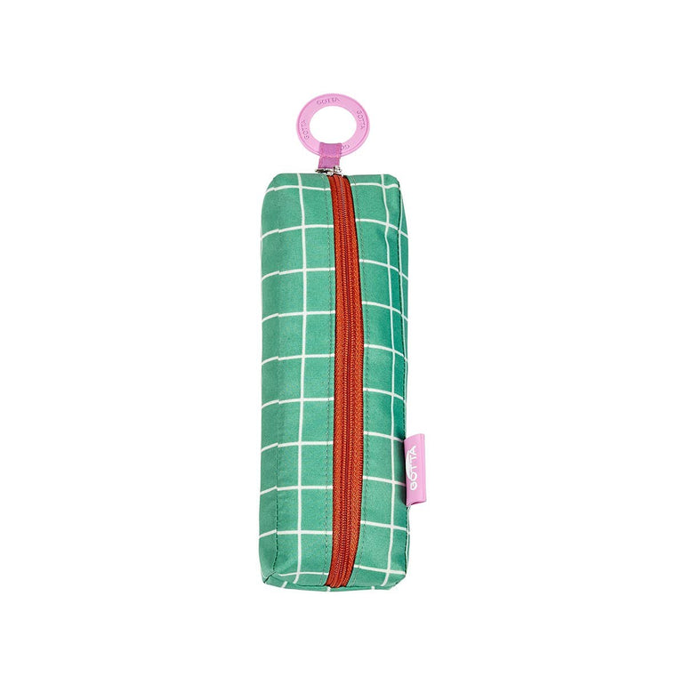 Gotta mini umbrella in a green checkered zippered case with a pink ring pull
