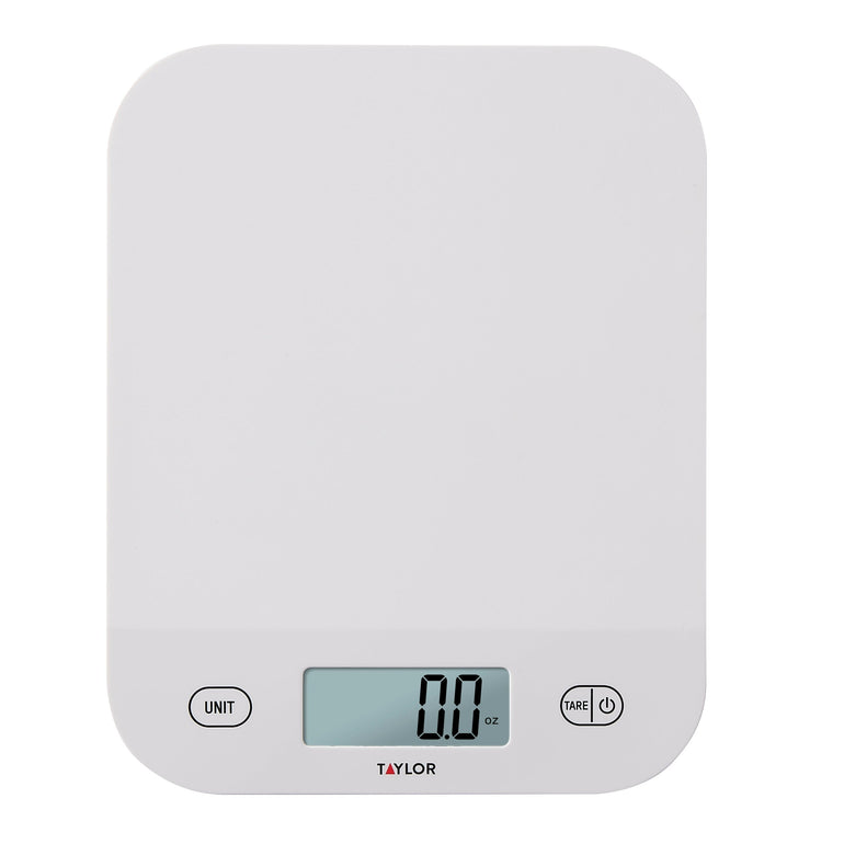 Taylor 11 lb waterproof kitchen scale in white, top view