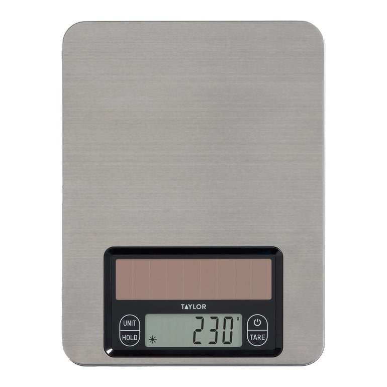 Taylor stainless steel light energy kitchen scale with solar panel above the digital display