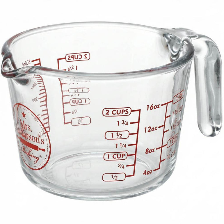 Mrs. Anderson's Baking 2-cup glass measuring cup with red print