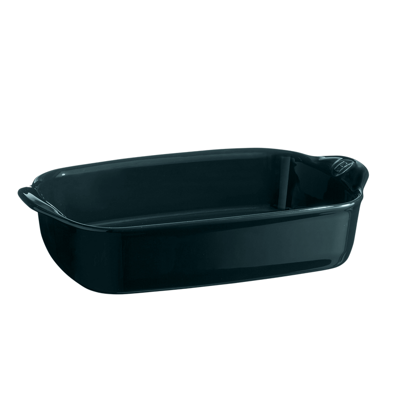 Emile Henry The Right Dish rectangular baker in dark blue-green Ocean glaze, side view