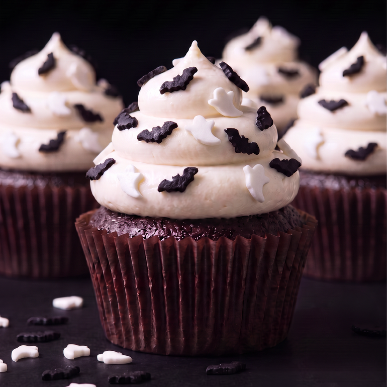 Sweetapolita bat and ghost confetti sprinkles on Halloween dessert