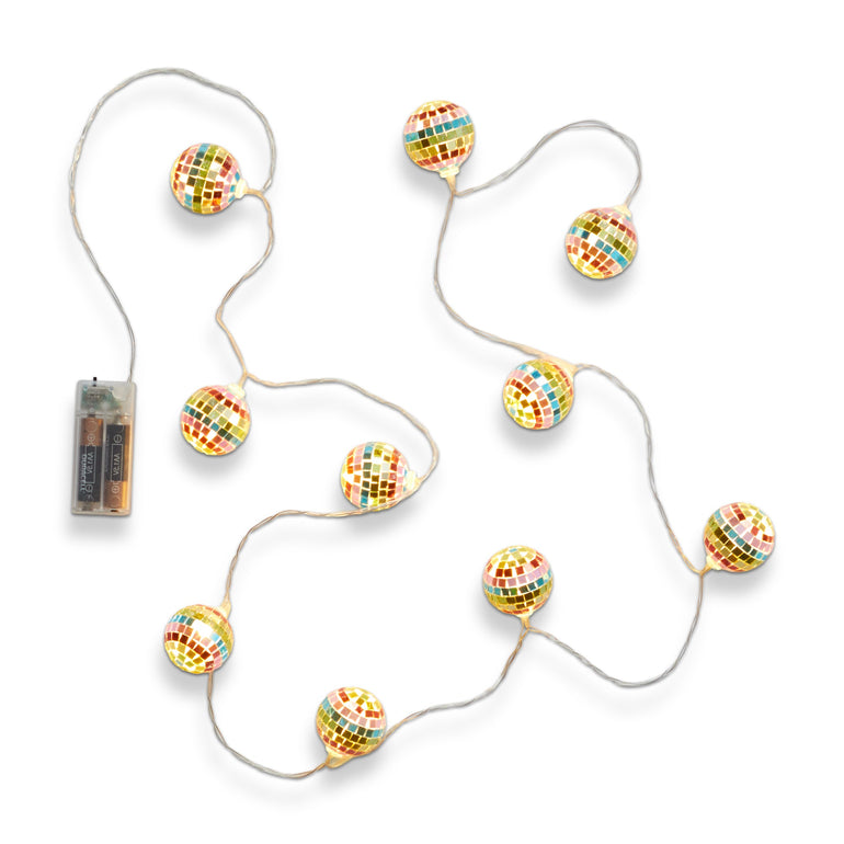 Strand of small multicolor disco ball lights on a wire with a battery box