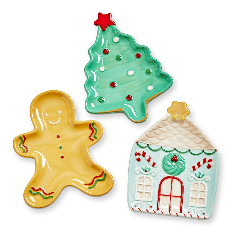 TAG Sweetest Christmas Appetizer Plates in three shapes: a green tree, a gingerbread man and a gingerbread house