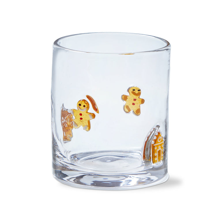 TAG Gingerbread Double Old Fashioned Glass, a clear tumbler with raised gingerbread man and house motifs