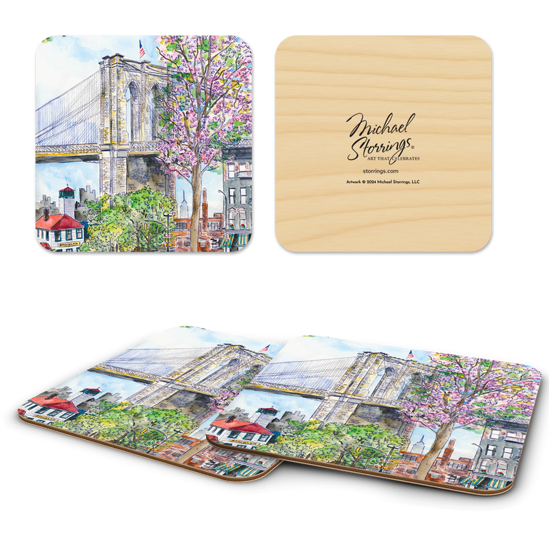 Square coasters with watercolor Brooklyn Bridge and pink blossom tree art, birchwood back shown