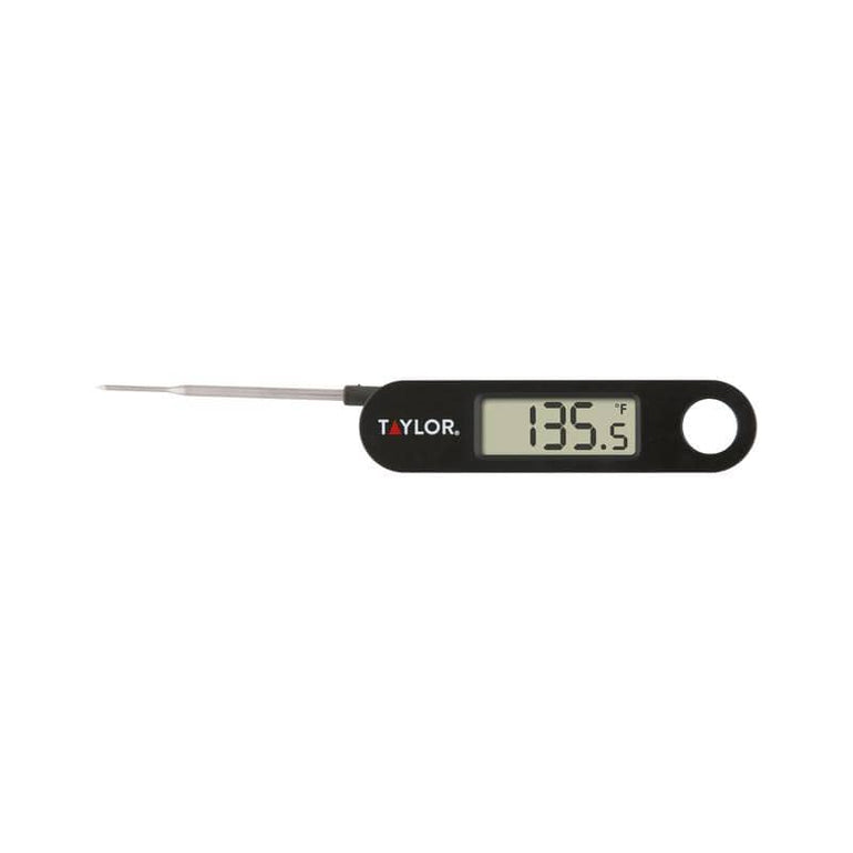 Taylor Compact Folding Thermometer in black with the probe open, display reading 135.5