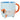 Footed light blue stoneware mug with a dachshund in a striped sweater and an orange handle