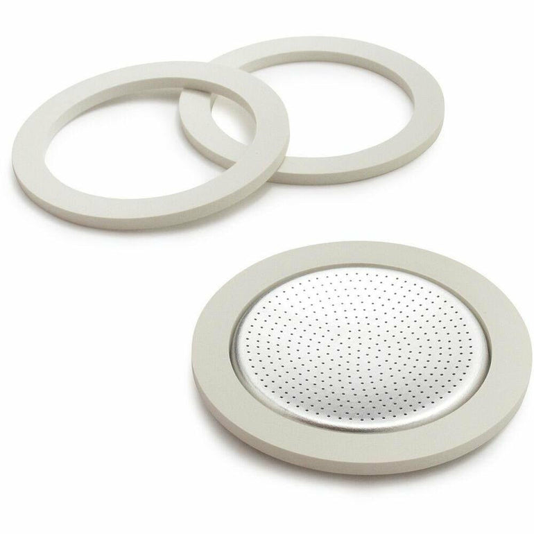 Bialetti coffee filter gasket with multiple filters for espresso machines, made of durable material for secure sealing.