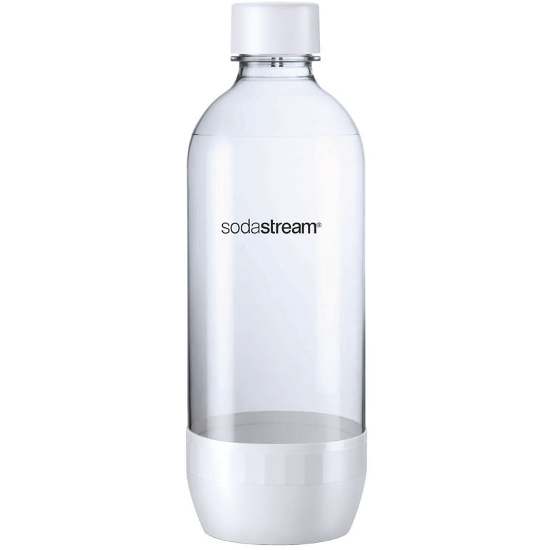Sodastream carbonating bottles with clear plastic construction and screw-on caps for sparkling water carbonation.