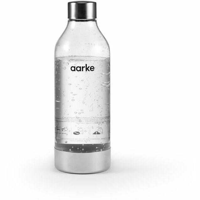 Aarke soda water bottle with sleek stainless steel design and clear branding, ideal for carbonated water storage.