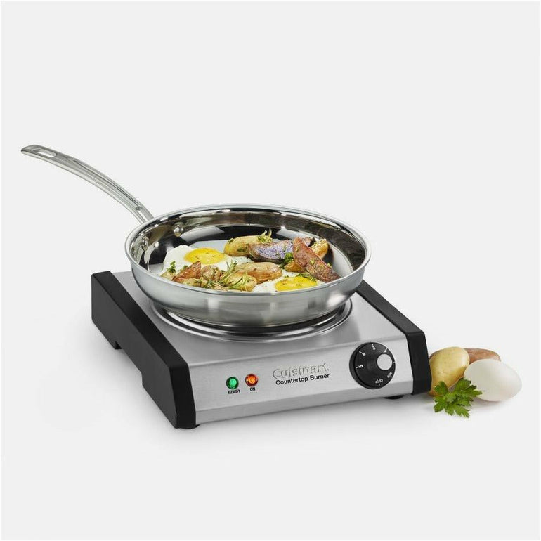 Cuisinart single countertop burner with a cast iron plate and brushed stainless steel housing.
