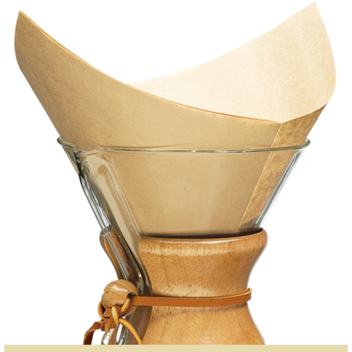 Chemex natural coffee filters in pre-folded square shape, designed for use with Chemex pour-over coffee makers.