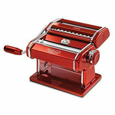 Marcato Atlas 150 pasta machine in red with hand crank and clamp